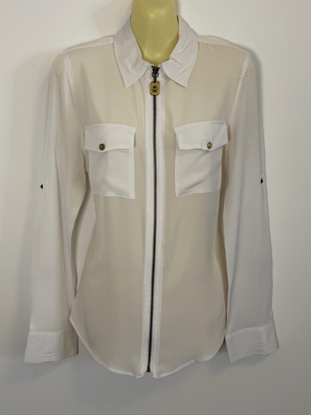 MICHAEL Michael Kors White Zip-Front Sheer Blouse with Pocket Flaps